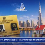 Dubai Golden Visa through property investment with skyline view, Burj Khalifa, and real estate concept illustration