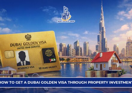 Dubai Golden Visa through property investment with skyline view, Burj Khalifa, and real estate concept illustration