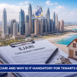 Ejari Dubai tenancy contract with Dubai skyline showing legal rental registration process for tenants and landlords.