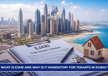 Ejari Dubai tenancy contract with Dubai skyline showing legal rental registration process for tenants and landlords.