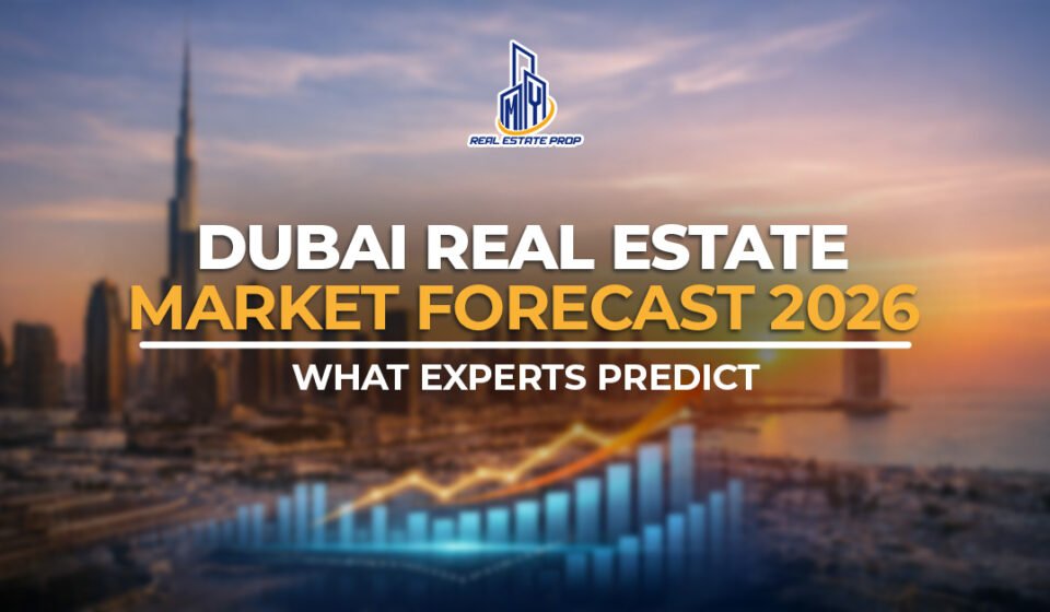 Dubai Real Estate Market Forecast 2026 showing skyline view with growth chart representing property trends, demand, and price projections.