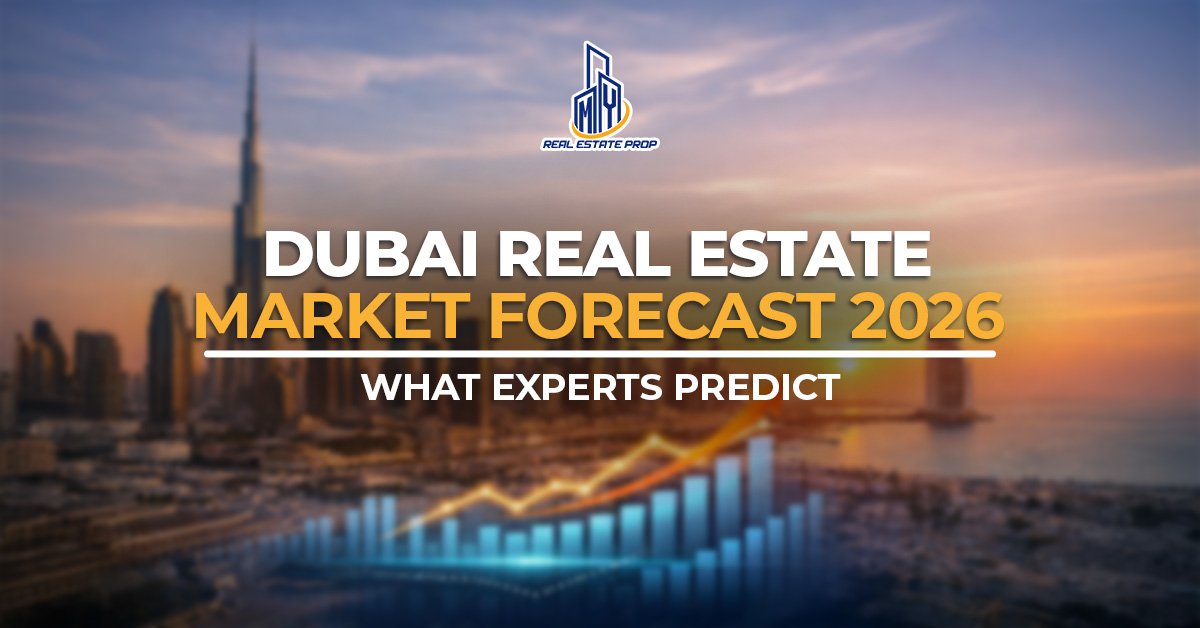 Dubai Real Estate Market Forecast 2026 showing skyline view with growth chart representing property trends, demand, and price projections.