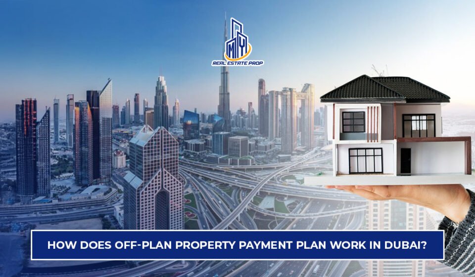 Off-Plan Property Payment Plan in Dubai showing skyline and residential property model representing phased payments and real estate investment.