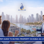 Buying Property in Dubai as a Foreigner showing real estate agent guiding buyers with Dubai skyline and waterfront property view.