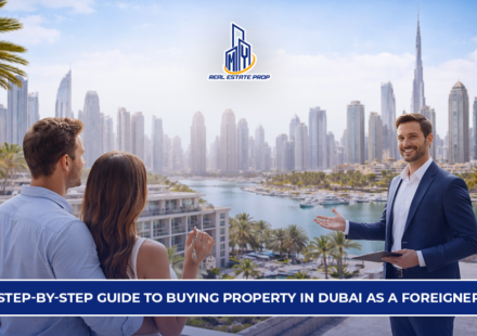 Buying Property in Dubai as a Foreigner showing real estate agent guiding buyers with Dubai skyline and waterfront property view.