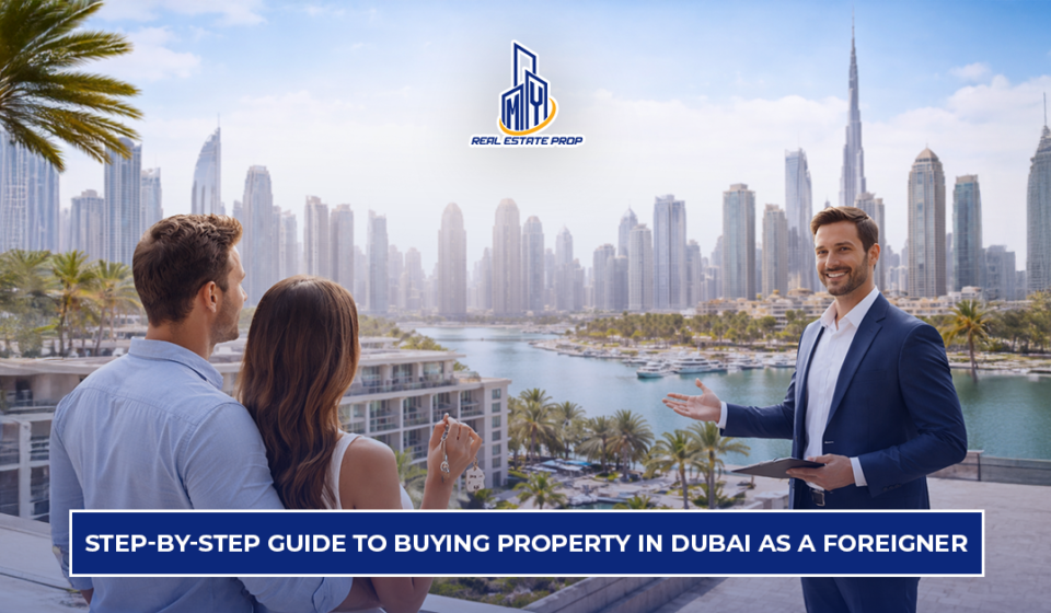 Buying Property in Dubai as a Foreigner showing real estate agent guiding buyers with Dubai skyline and waterfront property view.