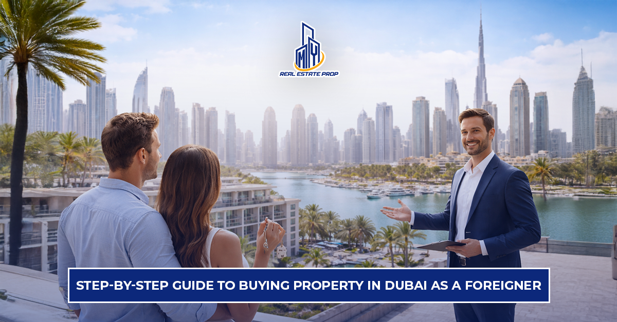 Buying Property in Dubai as a Foreigner showing real estate agent guiding buyers with Dubai skyline and waterfront property view.