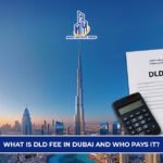 DLD fee Dubai explained with property documents, calculator, keys, and Dubai skyline including Burj Khalifa