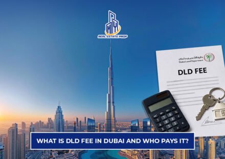 DLD fee Dubai explained with property documents, calculator, keys, and Dubai skyline including Burj Khalifa