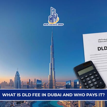 DLD fee Dubai explained with property documents, calculator, keys, and Dubai skyline including Burj Khalifa