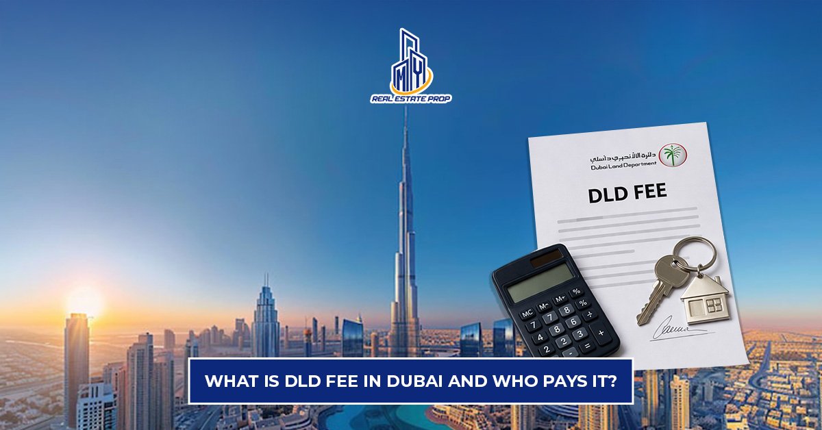 DLD fee Dubai explained with property documents, calculator, keys, and Dubai skyline including Burj Khalifa