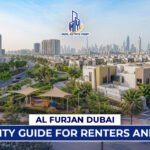 Modern residential community skyline view of Al Furjan Dubai with villas, apartments, green roads, and cityscape in the background.