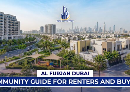 Modern residential community skyline view of Al Furjan Dubai with villas, apartments, green roads, and cityscape in the background.