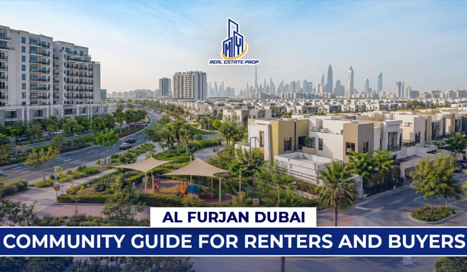 Modern residential community skyline view of Al Furjan Dubai with villas, apartments, green roads, and cityscape in the background.