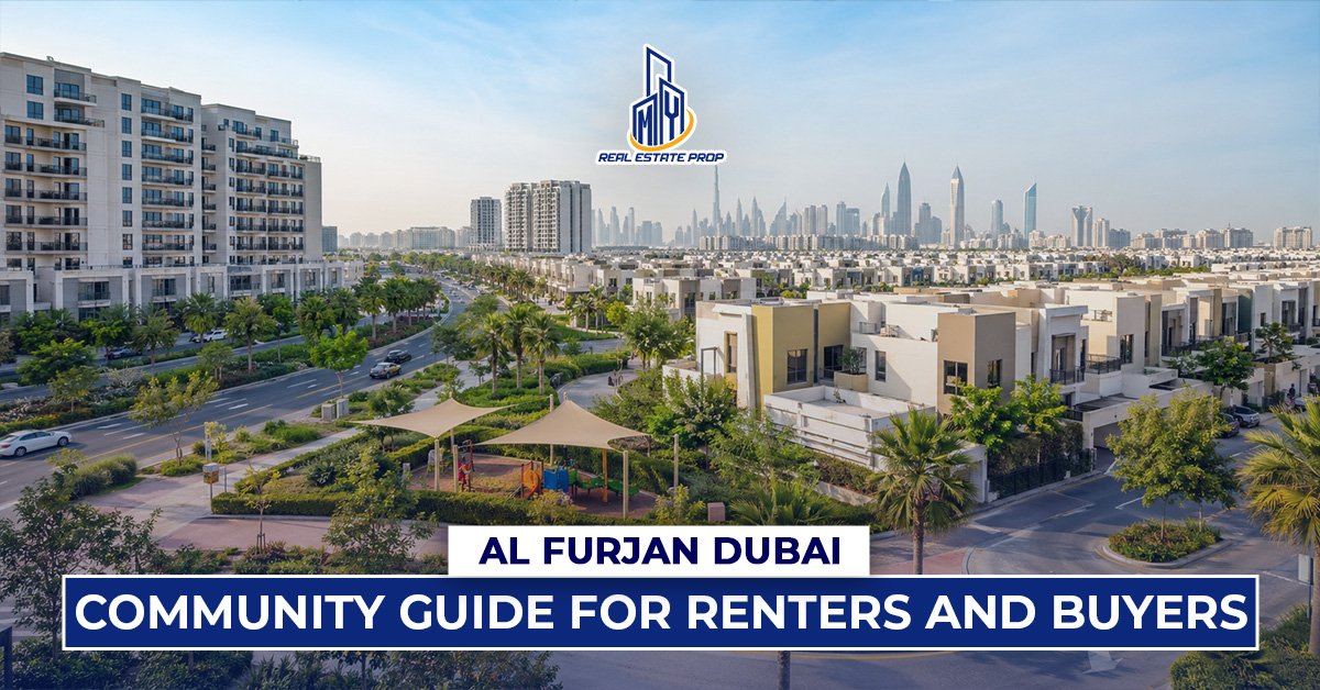 Modern residential community skyline view of Al Furjan Dubai with villas, apartments, green roads, and cityscape in the background.