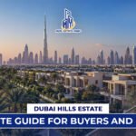 Luxury villas and golf course view at Dubai Hills Estate with Dubai skyline and Burj Khalifa in the background.