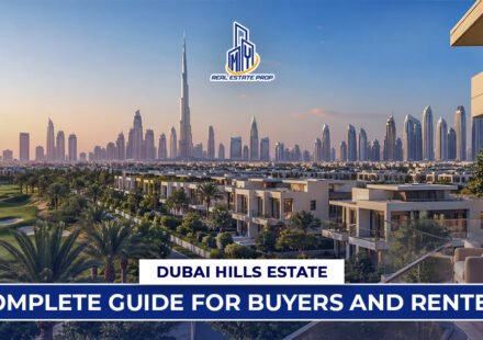 Luxury villas and golf course view at Dubai Hills Estate with Dubai skyline and Burj Khalifa in the background.