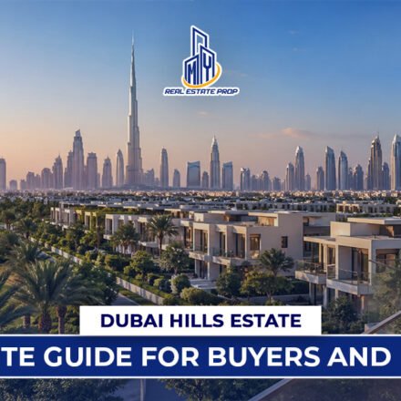 Luxury villas and golf course view at Dubai Hills Estate with Dubai skyline and Burj Khalifa in the background.
