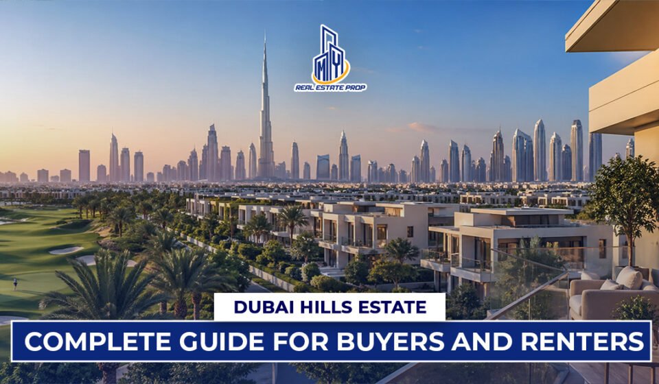 Luxury villas and golf course view at Dubai Hills Estate with Dubai skyline and Burj Khalifa in the background.
