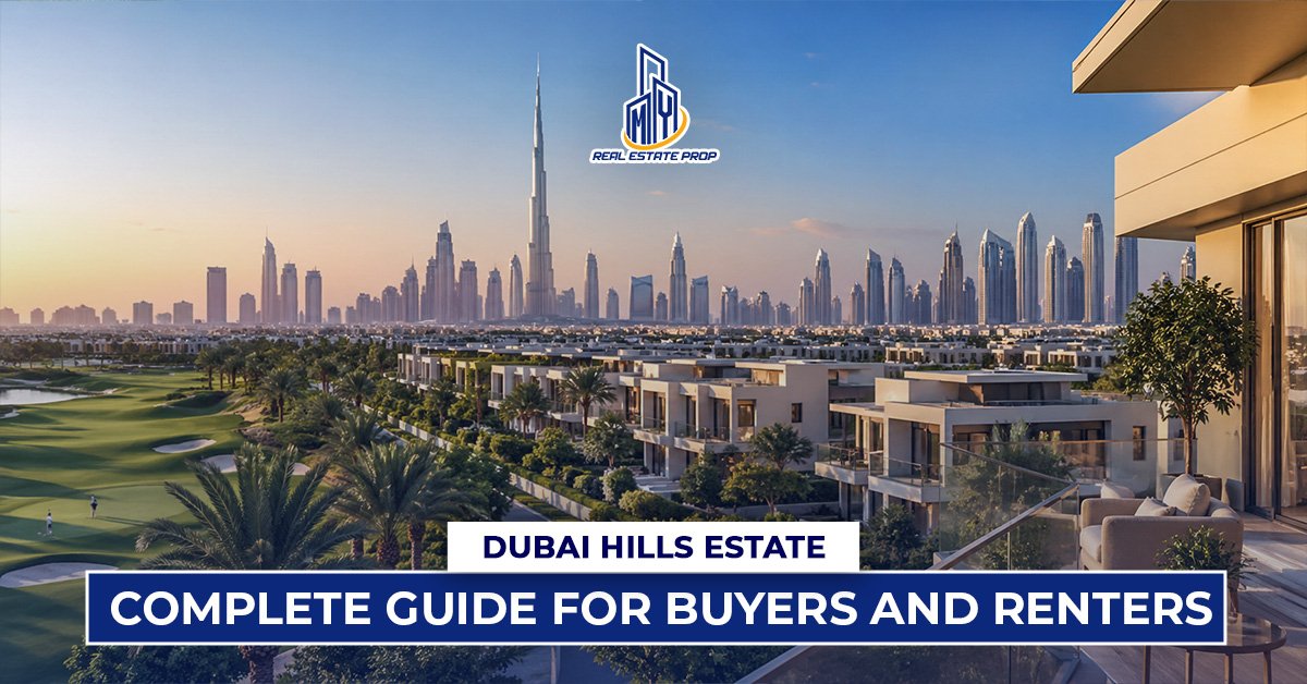 Luxury villas and golf course view at Dubai Hills Estate with Dubai skyline and Burj Khalifa in the background.