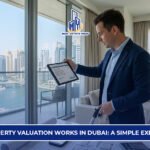 Property valuation in Dubai showing real estate expert analyzing property data and market value inside a modern apartment.