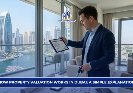 Property valuation in Dubai showing real estate expert analyzing property data and market value inside a modern apartment.