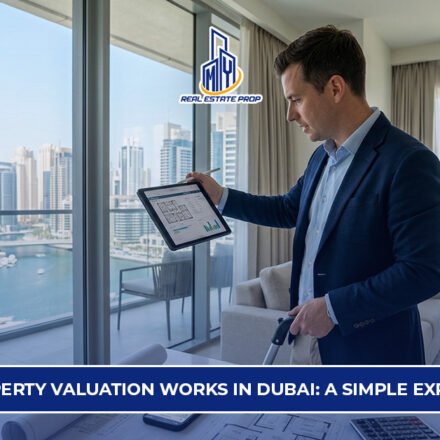 Property valuation in Dubai showing real estate expert analyzing property data and market value inside a modern apartment.
