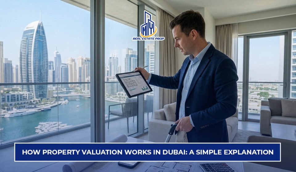 Property valuation in Dubai showing real estate expert analyzing property data and market value inside a modern apartment.