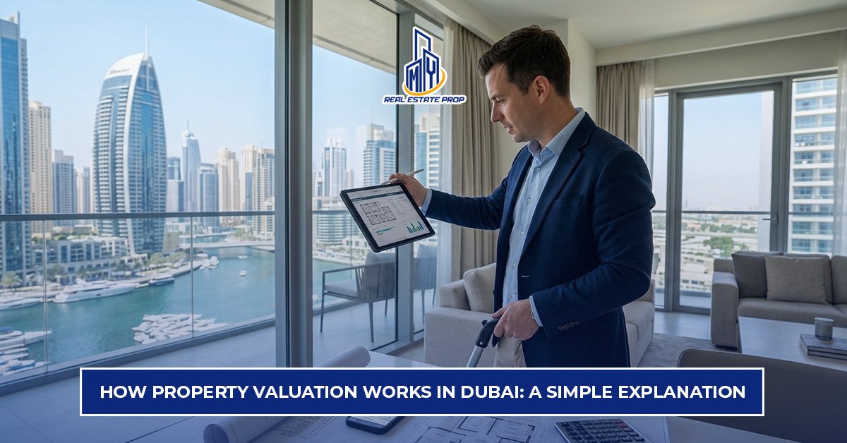 Property valuation in Dubai showing real estate expert analyzing property data and market value inside a modern apartment.