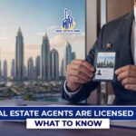 Professional holding broker ID card with Dubai skyline in background representing a licensed real estate agent Dubai and property market regulations.