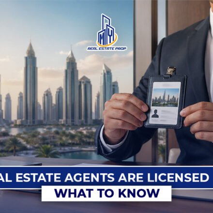 Professional holding broker ID card with Dubai skyline in background representing a licensed real estate agent Dubai and property market regulations.