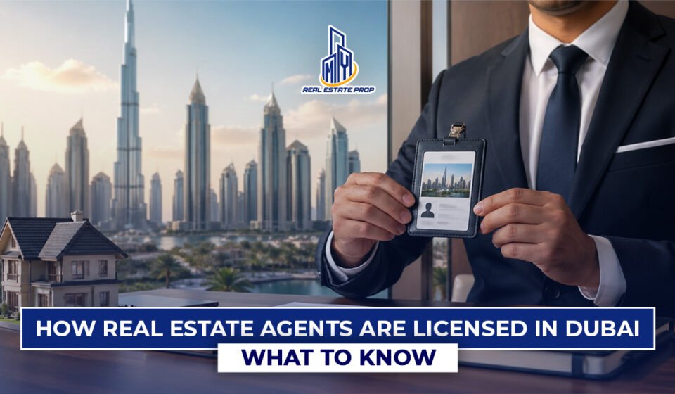 Professional holding broker ID card with Dubai skyline in background representing a licensed real estate agent Dubai and property market regulations.