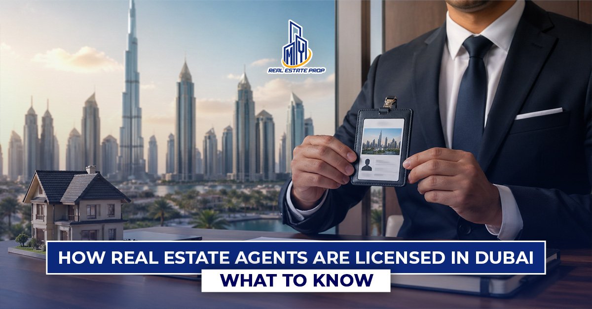Professional holding broker ID card with Dubai skyline in background representing a licensed real estate agent Dubai and property market regulations.