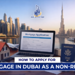 Illustration showing mortgage in Dubai for non-residents with Dubai skyline, laptop mortgage form, house model, passport, UAE flag, and Burj Khalifa.