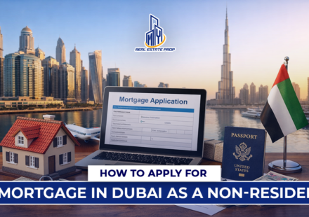 Illustration showing mortgage in Dubai for non-residents with Dubai skyline, laptop mortgage form, house model, passport, UAE flag, and Burj Khalifa.