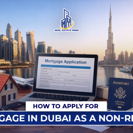 Illustration showing mortgage in Dubai for non-residents with Dubai skyline, laptop mortgage form, house model, passport, UAE flag, and Burj Khalifa.