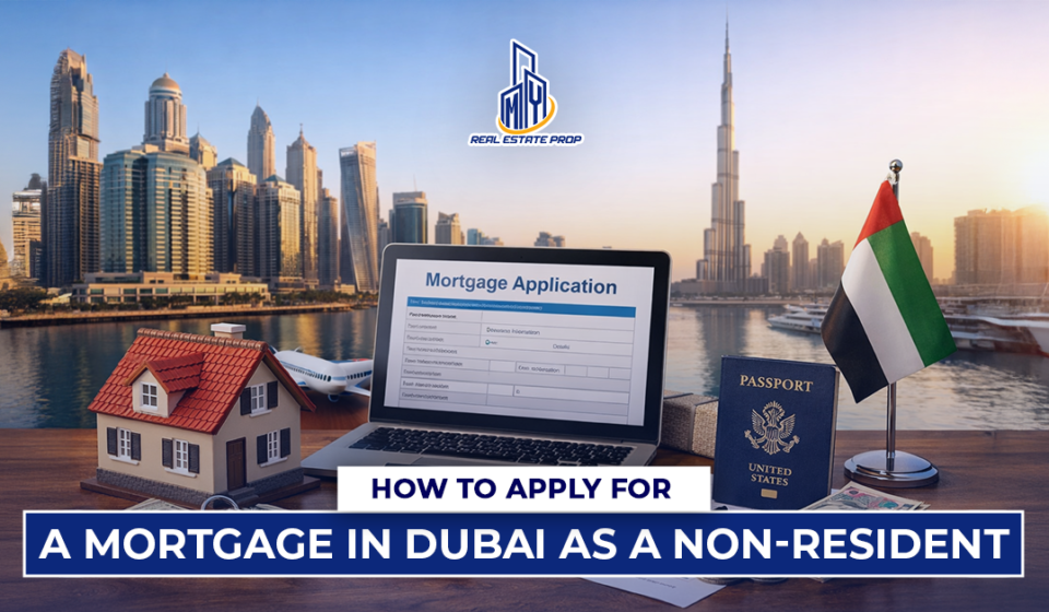 Illustration showing mortgage in Dubai for non-residents with Dubai skyline, laptop mortgage form, house model, passport, UAE flag, and Burj Khalifa.