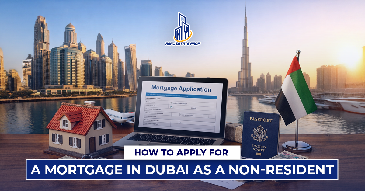 Illustration showing mortgage in Dubai for non-residents with Dubai skyline, laptop mortgage form, house model, passport, UAE flag, and Burj Khalifa.
