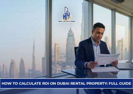 ROI on Dubai Rental Property showing investor analyzing financial reports with Dubai skyline for rental yield calculation.