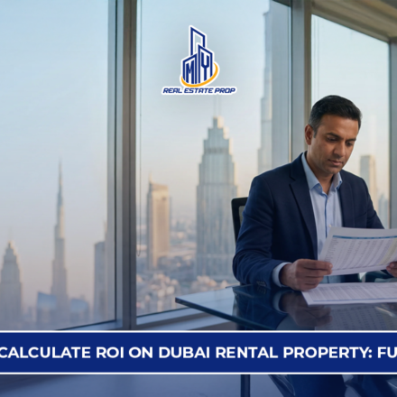 ROI on Dubai Rental Property showing investor analyzing financial reports with Dubai skyline for rental yield calculation.