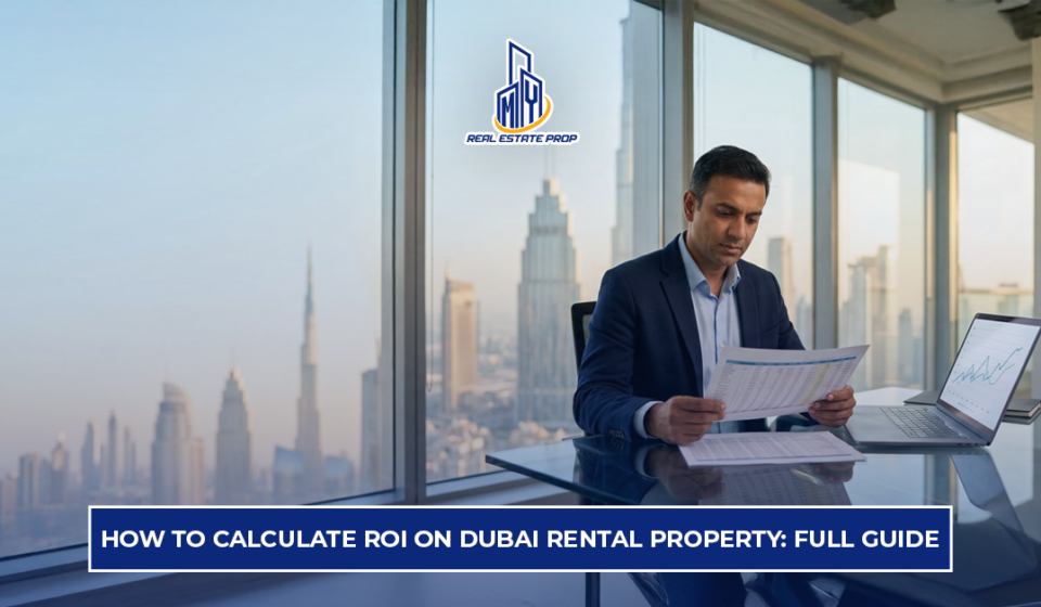 ROI on Dubai Rental Property showing investor analyzing financial reports with Dubai skyline for rental yield calculation.