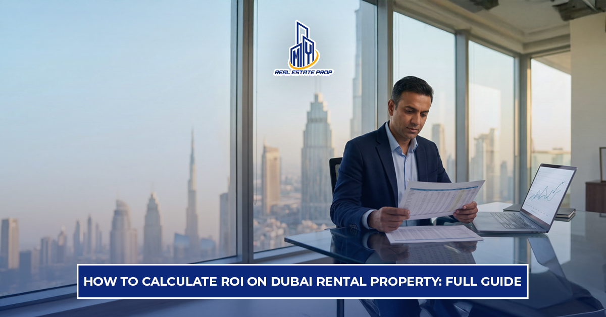 ROI on Dubai Rental Property showing investor analyzing financial reports with Dubai skyline for rental yield calculation.