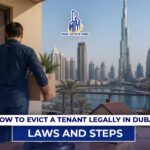 Tenant leaving apartment with boxes as landlord points toward door, illustrating how to evict a tenant in Dubai under legal laws and steps.