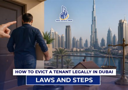 Tenant leaving apartment with boxes as landlord points toward door, illustrating how to evict a tenant in Dubai under legal laws and steps.