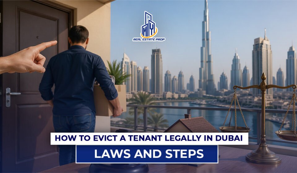 Tenant leaving apartment with boxes as landlord points toward door, illustrating how to evict a tenant in Dubai under legal laws and steps.