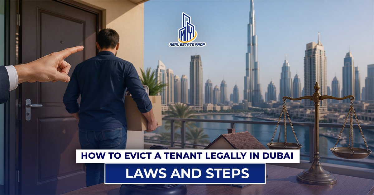 Tenant leaving apartment with boxes as landlord points toward door, illustrating how to evict a tenant in Dubai under legal laws and steps.