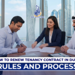People signing documents to renew tenancy contract Dubai in a modern office setting with city skyline background.