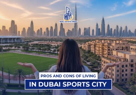 Woman overlooking skyline and sports fields showing living in Dubai Sports City with residential towers, stadium, and modern Dubai skyline.