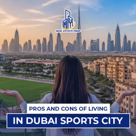 Woman overlooking skyline and sports fields showing living in Dubai Sports City with residential towers, stadium, and modern Dubai skyline.