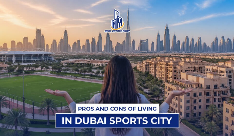 Woman overlooking skyline and sports fields showing living in Dubai Sports City with residential towers, stadium, and modern Dubai skyline.